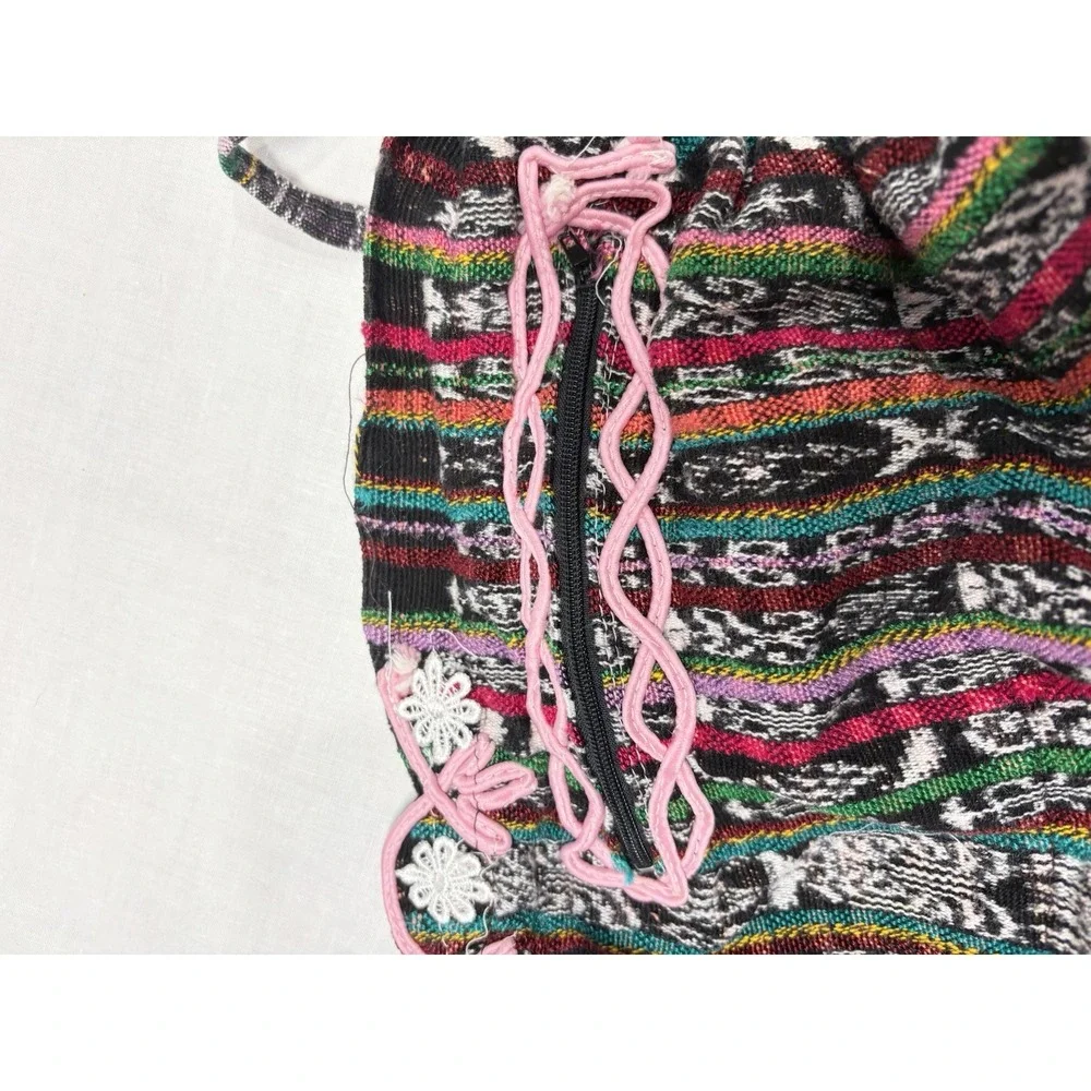 Vintage Boho Woven Apron Multicolor Ethnic‎ Stripe Pink Floral Trim Zipper 48''